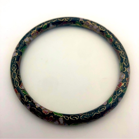 VTG Chinese Cloisonné Black Pink Green Enamel Floral Bangle 7.7”/ 2.4” Diameter - Picture 3 of 6